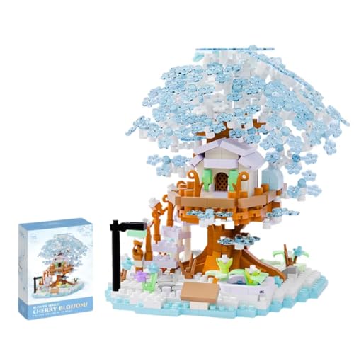 Kirschblütenbaum Bausteine Bausatz, 690 Teile DIY Sakura Baum Baumhaus Bauklötze Kit, Blumenhaus Modellsets Bonsai Heimdekoration, Modular Kirschblütenbaum Modellbausatz (Blau) von Yozelux