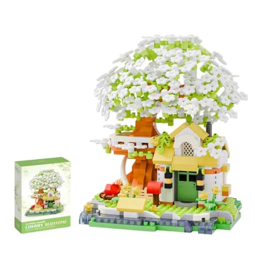 Kirschblütenbaum Bausteine Bausatz, 690 Teile DIY Sakura Baum Baumhaus Bauklötze Kit, Blumenhaus Modellsets Bonsai Heimdekoration, Modular Kirschblütenbaum Modellbausatz (Grün) von Yozelux