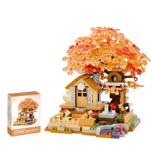 Kirschblütenbaum Bausteine Bausatz, 690 Teile DIY Sakura Baum Baumhaus Bauklötze Kit, Blumenhaus Modellsets Bonsai Heimdekoration, Modular Kirschblütenbaum Modellbausatz (Orange) von Yozelux