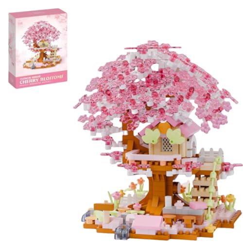 Kirschblütenbaum Bausteine Bausatz, 690 Teile DIY Sakura Baum Baumhaus Bauklötze Kit, Blumenhaus Modellsets Bonsai Heimdekoration, Modular Kirschblütenbaum Modellbausatz (Rosa) von Yozelux