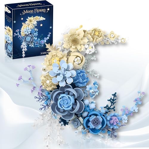 Yozelux Blumenstrauß Bausteine Bausatz, 934 Teile Mond Blumen Bauspielzeugset, kreativer Botanical Kollektion Bauklötze, Sammlung zur Heimdekoration, Geschenk für Erwachsene Kinder (Blau) von Yozelux