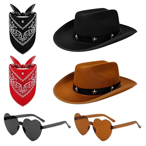 Yozexin Cowboy-Kleid, schwarz-braune Cowboyhüte mit Sternen, Paisleymuster, Bandana und Herz-Sonnenbrille, Western-Kostüm für Junggesellinnenabschiede, Junggesellenabschiede, Halloween und Yozexin Cowboy-Kleid, schwarz-braune Cowboyhüte mit Sternen, Paisleymuster, Bandana und Herz-Sonnenbrille, Western-Kostüm für Junggesellinnenabschiede, Junggesellenabschiede, Halloween und von Yozexin