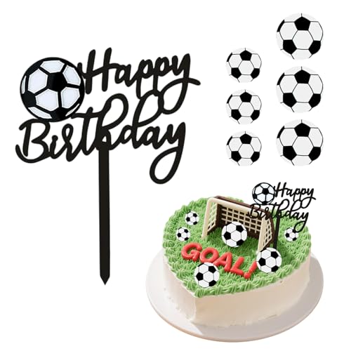 1+6 Stk Acryl-Kuchentopper: 1x "Happy Birthday" & 6x Fußball-Design, Tortendeko Fussball, Geburtstagskuchen-Dekorationen für Kinder- & Fußball-Party von Yphzmtz