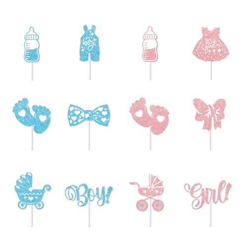 12 Stück Tortendeko Babyparty | Cupcake Topper Jungen/Mädchen Glitzer Blau & Rosa | Für Gender Reveal, Baby Shower, Geburtstag von Yphzmtz