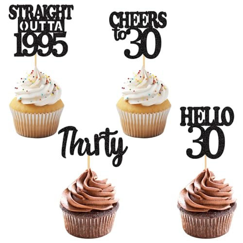 24 Stück Glitzer Cupcake Topper 30. Geburtstag Schwarz - Hello 30, Cheers to 30, Straight Outta 1995, Thirty - Passend für Männer & Frauen - Tortendeko/Muffin-Deko für 30. Geburtstagsfeier von Yphzmtz