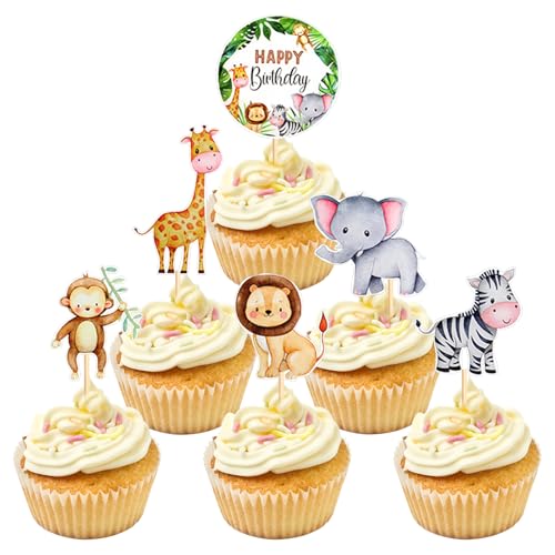 24 Stück Jungle Safari Tiere Cupcake Topper Set | Wildtiere Design | Happy Birthday Dekoration für Kinderpartys, Baby Shower & Theme-Party | Safari Themen Party Event Dekor von Yphzmtz