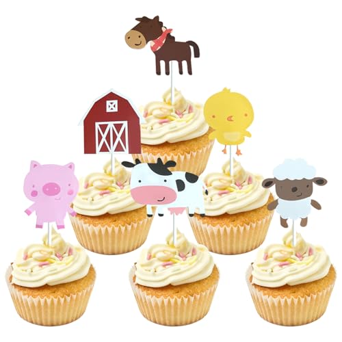 24 Stück Papp Cupcake Topper | Bauernhof Tier Design | Tierische Kuchen Dekoration für Geburtstag, Kinder- & Baby-Party | Bauernhof Themen Party Dekor von Yphzmtz