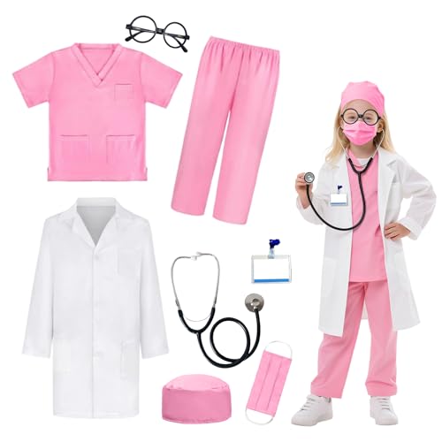 Kinder Arzt Kostüm, 8 Stück Arztspielset mit Arztkittel Kinder, Stethoskop & Zubehör, Arzt Scrubs Set, Krankenschwester Kostüme für Mädchen, Junge, Dress Up Spielzeug für Halloween (Rosa, 120cm) von Yphzmtz