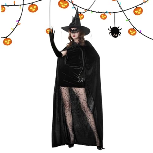 Yplkm Hexenkostüm Für Erwachsene Damen,Hexen Umhang-Set | Umhang Hut Handschuhe Spitzenmaske Socken für Gothic Hochzeitsfest von Yplkm