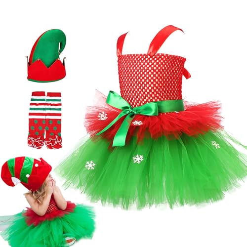 Yplkm Mädchen Weihnachtskleid - Weihnachtskostüm mit Hut und Socken - Ärmelloses Tüllkleid als Festkostüm für Winterliche Fotografie Partys von Yplkm