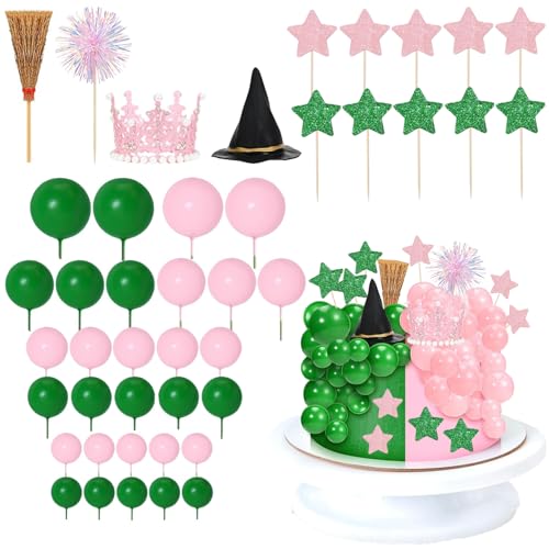 Hexen-Kuchenaufsätze, rosa und grün, Geburtstagskuchendekoration, Zubehör mit Tortenaufsatz, Kugeln, Krone, Besen, Feuerwerkstäben und schwarzem Hut für Prinzessinnen-Geburtstagstortendekoration Hexen-Kuchenaufsätze, rosa und grün, Geburtstagskuchendekoration, Zubehör mit Tortenaufsatz, Kugeln, Krone, Besen, Feuerwerkstäben und schwarzem Hut für Prinzessinnen-Geburtstagstortendekoration von Yrmysrx