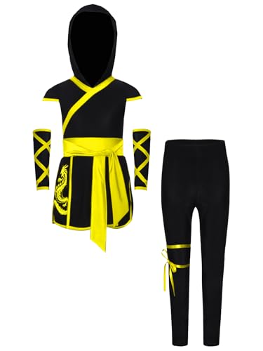 Yruioon 3 Stück Jungen Mädchen Ninja Kleidung Japanischer Krieger Ninja Kleid + Hose + Handschuhe Halloween Karneval Fasching Party Outfits Gelb 146-152 von Yruioon