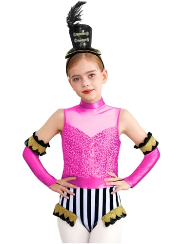 Yruioon 3 Stück Mädchen Zirkus Kostüm Glitzer Body Overall mit Handschuhe Haarreif Zirkusdirektor Uniform Halloween Karneval Fasching Party Outfits Dunkel Rosa Schwarz 110-116 von Yruioon