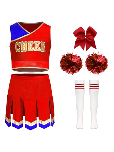Yruioon 5 Stück Mädchen Cheer Leader Kostüm Cheerleading Kleid Crop Tops + Rock Pompoms Socken Halloween Karneval Fasching Tanzkostüm Rot 146-152 Yruioon 5 Stück Mädchen Cheer Leader Kostüm Cheerleading Kleid Crop Tops + Rock Pompoms Socken Halloween Karneval Fasching Tanzkostüm Rot 146-152 von Yruioon