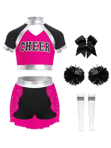 Yruioon 5er Set Mädchen Cheer Leader Kostüm Cheerleading Uniform Kurzarm Crop Tops mit Rock Pompoms Socken Haarband Schule Performance Tanzkleid Dunkel Rosa 158-164 von Yruioon