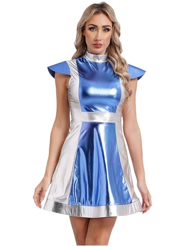 Yruioon Damen Alien Kostüm Space Girl Kleid Glänzend Metallic Kleid Weltall Astronauten Kostüm Halloween Karneval Fasching Partykleid Hellblau M von Yruioon