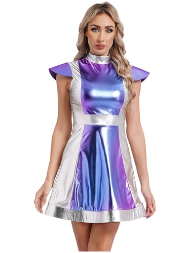 Yruioon Damen Alien Kostüm Space Girl Kleid Glänzend Metallic Kleid Weltall Astronauten Kostüm Halloween Karneval Fasching Partykleid Silber M von Yruioon