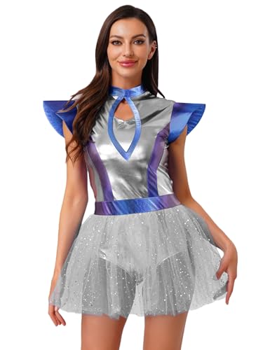 Yruioon Damen Alien Kostüm Space Girl Kleid mit Tüllrock Glänzend Metallic Kleid Weltall Astronauten Kostüm Halloween Karneval Fasching Party Outfits B Silber S von Yruioon