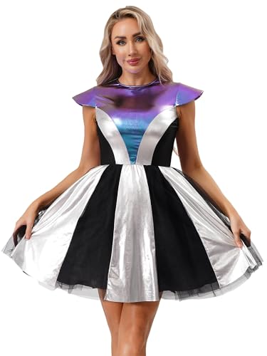 Yruioon Damen Alien Kostüm Space Girl Kleid mit Tüllrock Glänzend Metallic Kleid Weltall Astronauten Kostüm Halloween Karneval Fasching Party Outfits Yruioon Damen Alien Kostüm Space Girl Kleid mit Tüllrock Glänzend Metallic Kleid Weltall Astronauten Kostüm Halloween Karneval Fasching Party Outfits von Yruioon