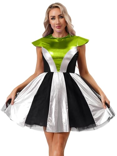 Yruioon Damen Alien Kostüm Space Girl Kleid mit Tüllrock Glänzend Metallic Kleid Weltall Astronauten Kostüm Halloween Karneval Fasching Party Outfits Yruioon Damen Alien Kostüm Space Girl Kleid mit Tüllrock Glänzend Metallic Kleid Weltall Astronauten Kostüm Halloween Karneval Fasching Party Outfits von Yruioon