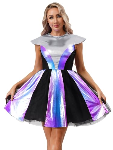 Yruioon Damen Alien Kostüm Space Girl Kleid mit Tüllrock Glänzend Metallic Kleid Weltall Astronauten Kostüm Halloween Karneval Fasching Party Outfits Yruioon Damen Alien Kostüm Space Girl Kleid mit Tüllrock Glänzend Metallic Kleid Weltall Astronauten Kostüm Halloween Karneval Fasching Party Outfits von Yruioon