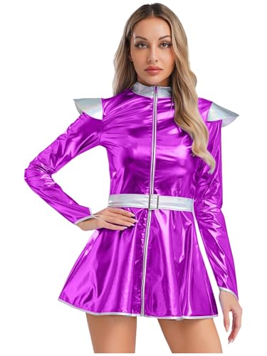 Yruioon Damen Alien Kostüm Weltall Astronauten Kostüm Metallic Langarm Kleid Space Girl Kleid Halloween Karneval Fasching Partykleid Lila XXL von Yruioon