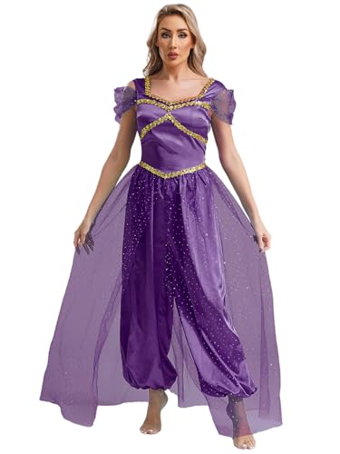 Yruioon Damen Arabische Prinzessin Kostüm Glänzend Pailletten Body Overall Jumpsuit Araberin Orientalische Kleidung Halloween Karneval Fasching Dunkel Lila S von Yruioon