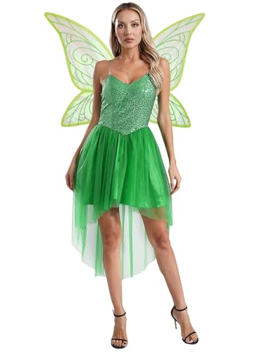 Yruioon Damen Fee Kostüm Pailletten Feenkleid mit Schmetterlings Feenflügel Waldfee Prinzessin Kleid Elfenkostüm Halloween Karneval Fasching Partykleid Grün M von Yruioon