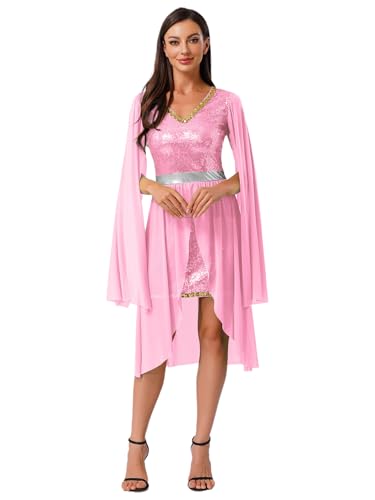 Yruioon Damen Feen Kostüm Pailletten Feenkleid Waldfee Mittelalter Kleid mit Trompetenärmel Elfenkostüm Halloween Karneval Fasching Partykleid Rosa XXL von Yruioon