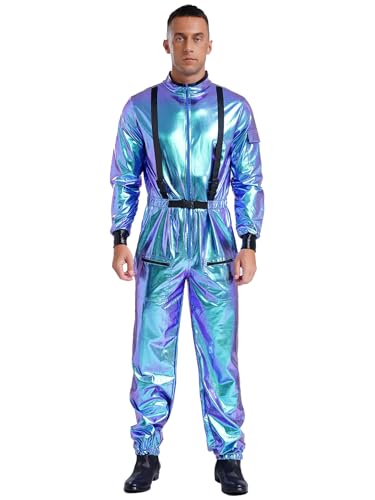 Yruioon Herren Astronaut Kostüm Weltall Raumfahrer Anzug Metallic Jumpsuit Overall Ganzkörperanzug Karneval Fasching Kostüm Blau XXL von Yruioon