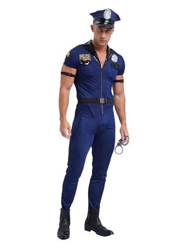 Yruioon Herren Polizei Kostüm Kurzarm Body Overall Jumpsuit Polizist Uniform mit Polizeimütze Zubehör für GOGO Nachtclub Party Rave Outfit Blau L von Yruioon