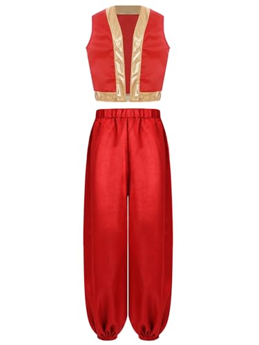 Yruioon Jungen Arabische Kleidung Satin Weste + Haremshose Arabischer Prinz Outfit Märchen Flaschengeist Fasching Karneval Kostüm Rot 134-140 von Yruioon