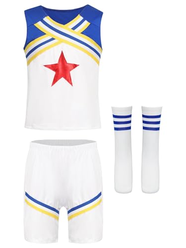 Yruioon Jungen Mädchen Cheer Leader Kostüm Cheerleading Uniform Kurzarm/Langarm T-Shirt mit Shorts Socken Karneval Fasching Party Outfits Blau Ärmellos 122-128 von Yruioon