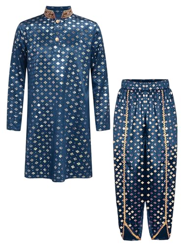 Yruioon Kinder Jungen Mädchen Indische Kleidung Langarm Tops Oberteile + Pumphose Arabische Kurta Set für Halloween Karneval Fasching Party Marine Blau 170-176 von Yruioon
