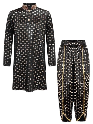 Yruioon Kinder Jungen Mädchen Indische Kleidung Langarm Tops Oberteile + Pumphose Arabische Kurta Set für Halloween Karneval Fasching Party Schwarz 134-140 von Yruioon