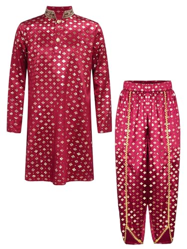 Yruioon Kinder Jungen Mädchen Indische Kleidung Langarm Tops Oberteile + Pumphose Arabische Kurta Set für Halloween Karneval Fasching Party Weinrot 170-176 von Yruioon