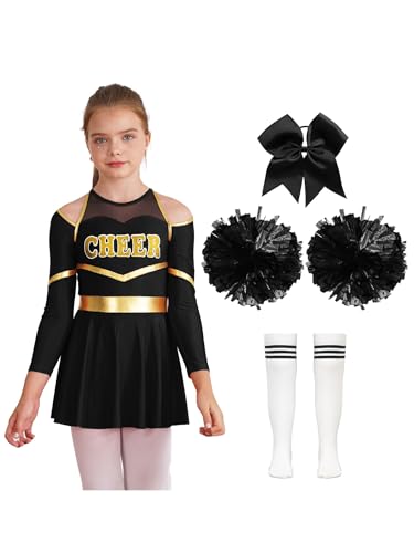 Yruioon Mädchen Cheer Leader Cheerleading Kostüm Cheerleading Uniform Langarm Kleid mit Pompoms Socken Tanzkleid Halloween Karneval Fasching Tanzkostüm A Weiß&Schwarz 158-164 von Yruioon