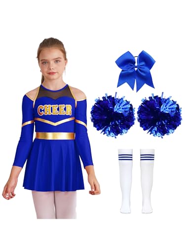 Yruioon Mädchen Cheer Leader Cheerleading Kostüm Cheerleading Uniform Langarm Kleid mit Pompoms Socken Tanzkleid Halloween Karneval Fasching Tanzkostüm Aa Blau 158-164 von Yruioon