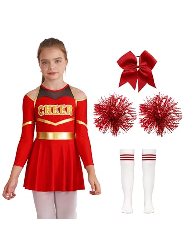 Yruioon Mädchen Cheer Leader Cheerleading Kostüm Cheerleading Uniform Langarm Kleid mit Pompoms Socken Tanzkleid Halloween Karneval Fasching Tanzkostüm B Rot 134-140 Yruioon Mädchen Cheer Leader Cheerleading Kostüm Cheerleading Uniform Langarm Kleid mit Pompoms Socken Tanzkleid Halloween Karneval Fasching Tanzkostüm B Rot 134-140 von Yruioon