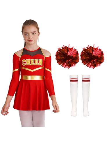Yruioon Mädchen Cheer Leader Cheerleading Kostüm Cheerleading Uniform Langarm Kleid mit Pompoms Socken Tanzkleid Halloween Karneval Fasching Tanzkostüm C Rot 146-152 Yruioon Mädchen Cheer Leader Cheerleading Kostüm Cheerleading Uniform Langarm Kleid mit Pompoms Socken Tanzkleid Halloween Karneval Fasching Tanzkostüm C Rot 146-152 von Yruioon