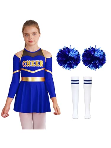 Yruioon Mädchen Cheer Leader Cheerleading Kostüm Cheerleading Uniform Langarm Kleid mit Pompoms Socken Tanzkleid Halloween Karneval Fasching Tanzkostüm C Royal Blau 146-152 von Yruioon