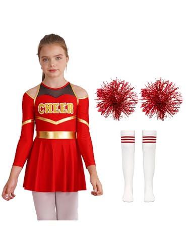 Yruioon Mädchen Cheer Leader Cheerleading Kostüm Cheerleading Uniform Langarm Kleid mit Pompoms Socken Tanzkleid Halloween Karneval Fasching Tanzkostüm Ca Rot 122-128 von Yruioon