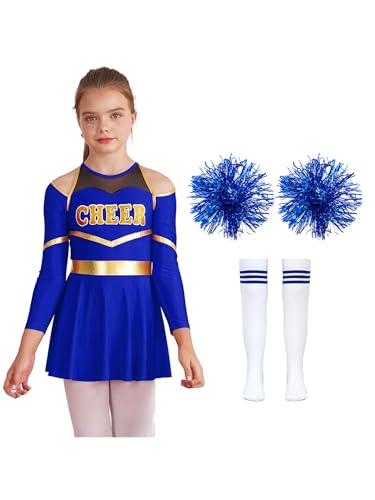 Yruioon Mädchen Cheer Leader Cheerleading Kostüm Cheerleading Uniform Langarm Kleid mit Pompoms Socken Tanzkleid Halloween Karneval Fasching Tanzkostüm Ca Royal Blau 158-164 von Yruioon