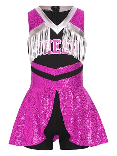 Yruioon Mädchen Cheer Leader Kostüm Ärmellos Cheerleading Kleid Glitzer Tanzkleid Cheerleading Uniform Halloween Karneval Fasching Partykleid Dunkel Rosa 110-116 von Yruioon
