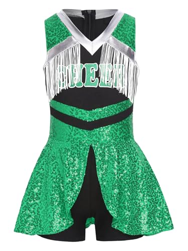 Yruioon Mädchen Cheer Leader Kostüm Ärmellos Cheerleading Kleid Glitzer Tanzkleid Cheerleading Uniform Halloween Karneval Fasching Partykleid Grün 170-176 von Yruioon