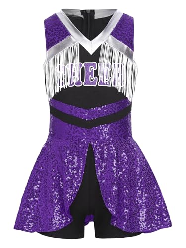 Yruioon Mädchen Cheer Leader Kostüm Ärmellos Cheerleading Kleid Glitzer Tanzkleid Cheerleading Uniform Halloween Karneval Fasching Partykleid Lila 146-152 von Yruioon
