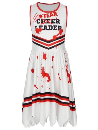 Yruioon Mädchen Cheer Leader Kostüm Zombie Cheerleading Kleid Gruseliger Kleid Halloween Karneval Fasching Kostüm Weiß 122-128 von Yruioon