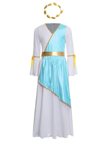 Yruioon Mädchen Griechische Göttin Kleid Antike Römische Kleid mit Lorbeerkranz Langarm Prinzessin Kleid Halloween Karneval Fasching Partykleid Blau 110-116 von Yruioon