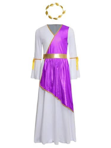 Yruioon Mädchen Griechische Göttin Kleid Antike Römische Kleid mit Lorbeerkranz Langarm Prinzessin Kleid Halloween Karneval Fasching Partykleid Lila 122-128 von Yruioon