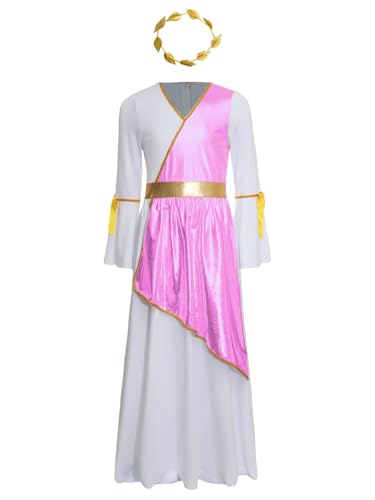 Yruioon Mädchen Griechische Göttin Kleid Antike Römische Kleid mit Lorbeerkranz Langarm Prinzessin Kleid Halloween Karneval Fasching Partykleid Rosa 122-128 von Yruioon